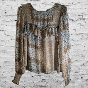 & Merci Large long sleeve lined gold and cream woman's boho polyester top.